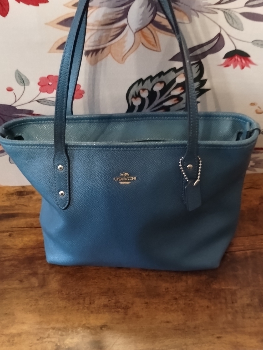 COACH Teal Pebbled Leather Tote Bag